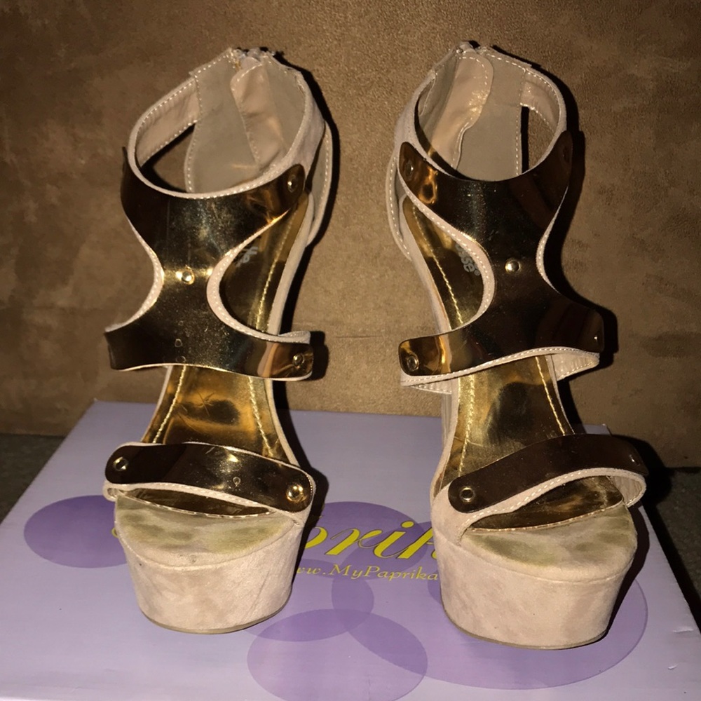 Tan and gold high heels